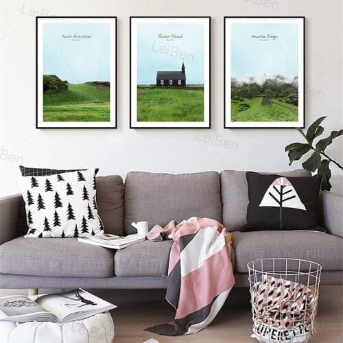 Nordic Landscape Wall Art Poster Fresh Grassland Canvas Painting Forest Mountains Sky Painting Picture Home Decor Church Bedroom