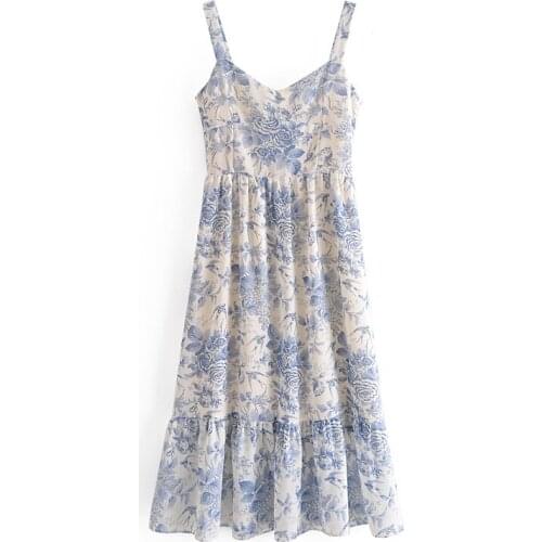 Summer new 2021 girls slim French palace style with wooden ear edge with blue print dress