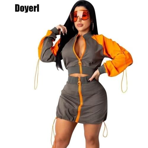 Long Sleeve Two Piece Skirt Set for Women High Waist Zipper Skirt and Top Set Mini Casual 2 Piece Sets Womens Outfits Sweat Suit