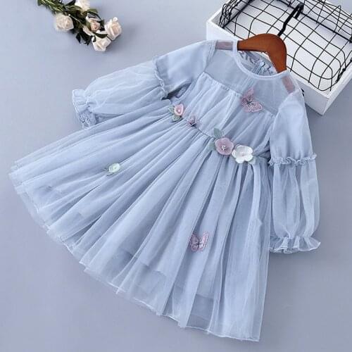 Girls Dress New Spring Autumn Long Sleeve Floral Printed Sweet Princess Dresses Cute Mesh Yarn Children Birthday Party Dress
