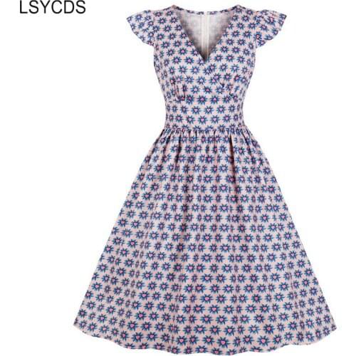 LSYCDS Vintage Dress Floral Print High Waist V Neck Pinup Dress Cap Sleeve Summer Dress Women Pleated Midi Retro Summer Dresses