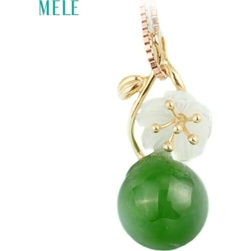Natural green jasper rose gold pendant , 18K rose gold, green jasper with white seashell flower, 10mm jasper stone