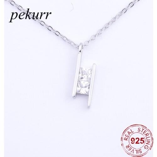 Pekurr Creative Real 925 Sterling Silver Geometric CZ Gem Rectangle Necklaces Pendants For Women Silver Chain Jewelry Gifts