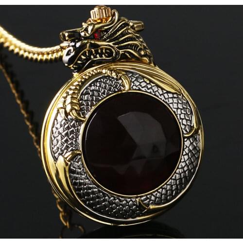 Luxury Golden & Silver Chinese Dragon Design Pocket Watch With Dark Red Zircon Short Golden Chain Gift To Men Women