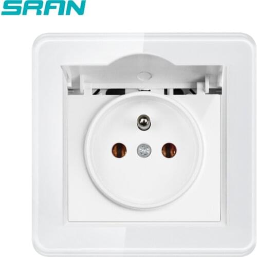 SRAN French power socket with waterproof cover white/green 82*82mm Glass or PC panel AC 110~250V 16A wall socket eu