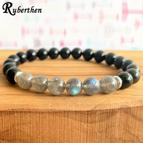 Ruberthen Genuine AAA Grade Black Tourmaline & Blue Flash Labradorite Mala Root Chakra Yoga Bracelet Energy Power Mala Beads