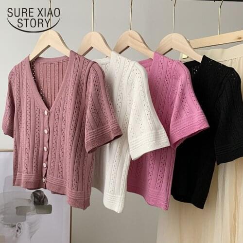 Spring Summer V-neck Ice Silk Thin Knit Short-sleeved Cardigan Womens Outer Short Coat Casual Sweet Office Lady Blouses 15035