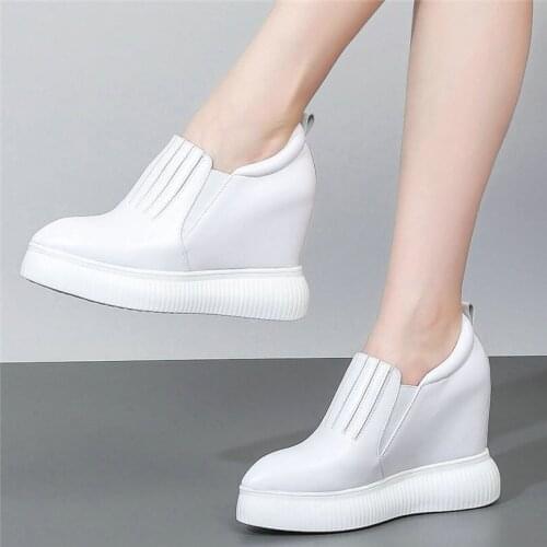 Punk Sneakers Women Genuine Leather Wedges High Heel Vulcanized Shoes Female Pointed Toe Walking Loafers Platform Oxfords Shoes