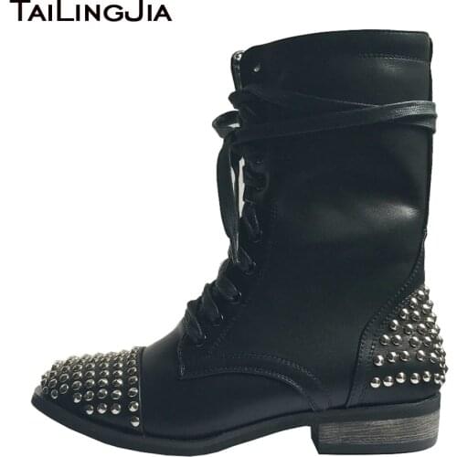 Women Combat Boots Black 2018 Flat Rivets Ankle Boots Cool Girl Studs Booties Lace Up Punk Shoes Rocker Boots Free Shipping