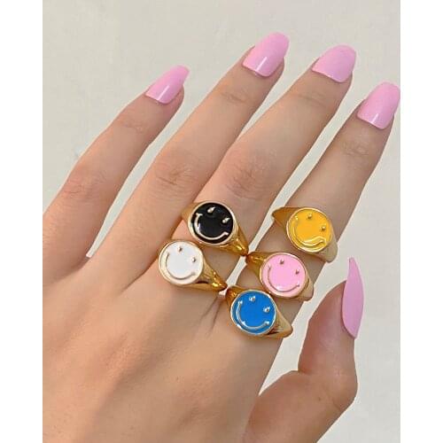 New Ins Creative Simple Color Tai Chi Smiley Ring Vintage Drop Oil Smile Happy Face Rings For Women Girls Fashion Jewelry Gift