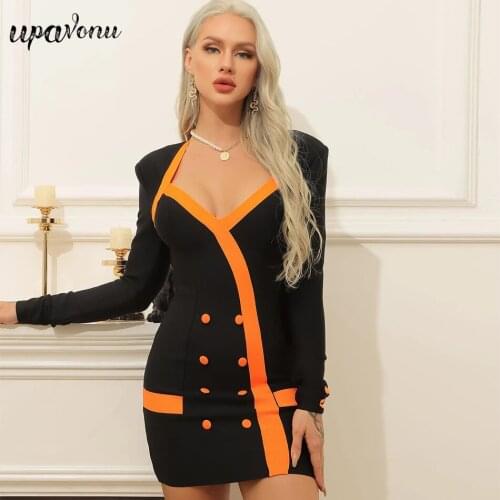 Free Shipping 2021 New Women Contrasting Color Bandage Dress Sexy V-neck Long Sleeve Double Breasted Bodycon Club Party Vestidos