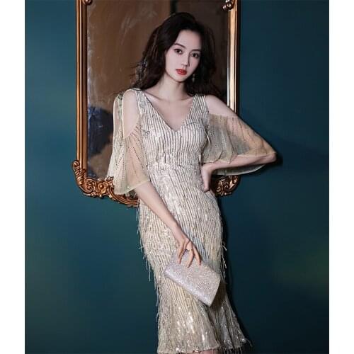 Champagne evening Dresses V-Neck Half Sleeves Mermaid Tea-length New Sequins Simple Plus sizeWoman Formal Dress