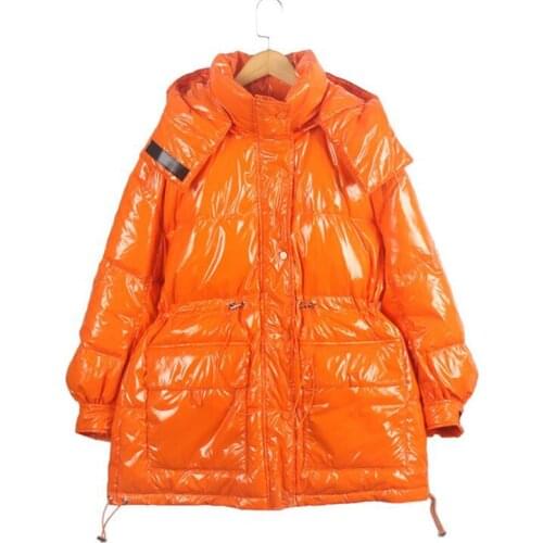 Winter Womens Mid-length Glossy Parka Thick Waterproof Removable Hooded Parka Women Candy Color White Duck Down Jacket