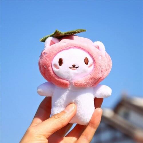 1 Pcs Cartoon 10cm Plush Toys Animal Cat with Strawberry Snapper Fish Cap Soft Stuffed Doll Pendant Keychains Bags Girls Gifts