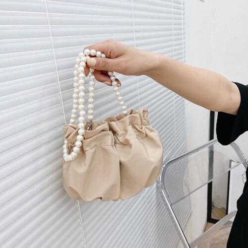 2021 Women Pleated Pearl Shoulder Messenger Bag Pure Color Fashion Drawstring Soft Leather Women Designer Handbag
