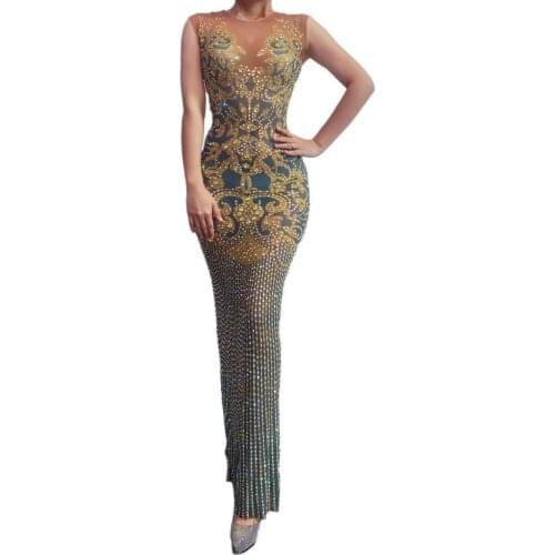 Gold Pattern Flashing Rhinestones Transparent Dress Prom Birthday Celebrate Outfit Bar Women Dancer Show Long Dress