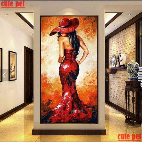 Large 5D Embroidery Hat red dress woman full Square round drill Diy diamond painting cross stitch Diamond mosaic home decor