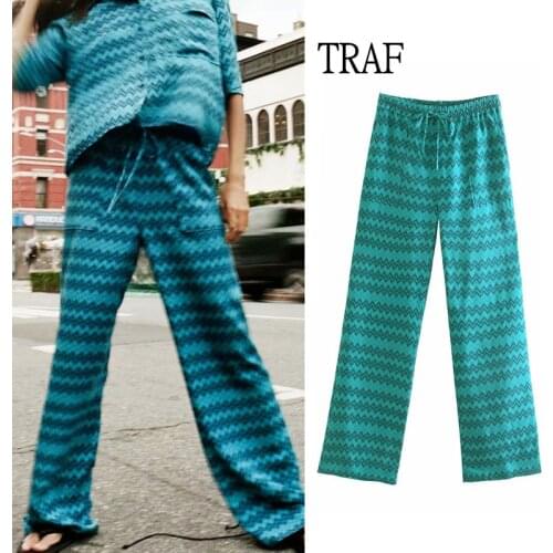 TRAF Womens Pants 2021 Za Summer Print Loose Trousers Woman Fashion High-Waisted Elastic Pocket Casual Women Clothes Set Pants