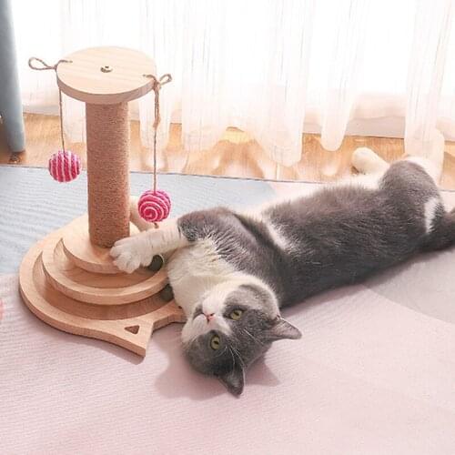 Cat Wooden Toys Double Three Layers Turntable with Catnip Ball Sisal Scratching Pillar Feather Play Stick Kitten Puppy Play Game