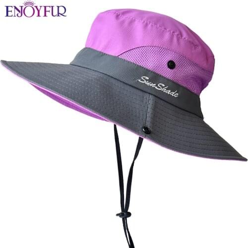 ENJOYFUR Summer Wide Brim Sun Hats For Women Outdoor UV Protection Ponytail Cap Foldable And Breathable Fishing Hat