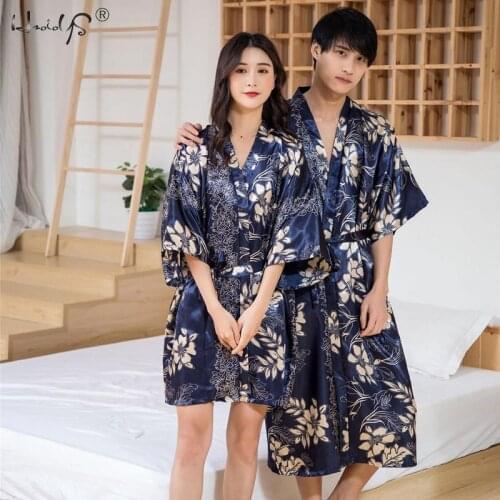 Couple Robes Women / Men Satin Kimono Robes Silky Bathrobe Party Robes Sleepwear Lovers Couple Nightgown Bath Gown Men Nightwear