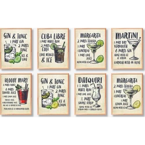 Cocktails Canvas Posters Bar Wall Art Print , Cocktail Illustrations Painting Vintage Pictures Kitchen Wall Art Decor
