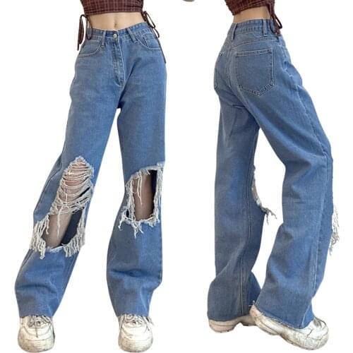 Summer Women Wide-leg Pants Adults Solid Color High Waisted Ripped Jeans with Pocket Belt Loop