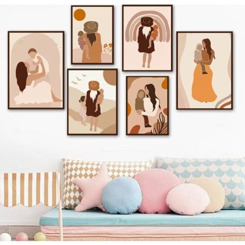 Lovely Baby Girl Boy With Mum Abstract Summer Nordic Poster Modern Wall Art Print Canvas Painting Decor Pictures For Living Room