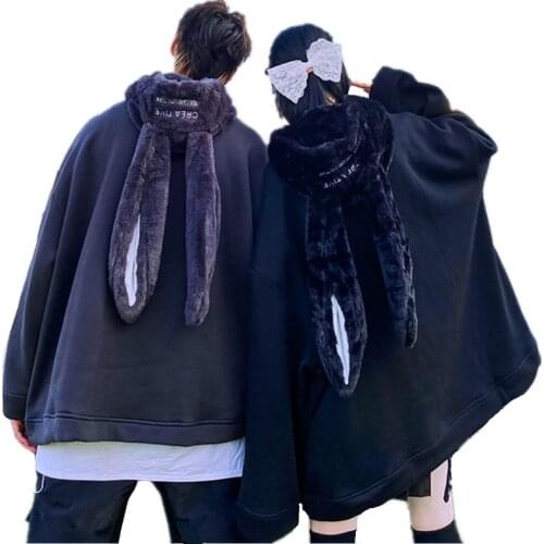 2021 Winter Men Oversized Hoodies Warm Thicken Plush Rabbit Ears Hooded Sweatshirts Fashion Streetwear Couple Matching Top 4XL