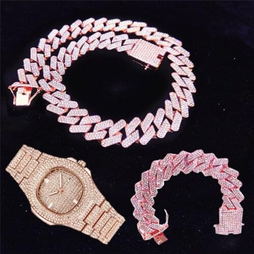 3pcs Kit Hip Hop 20MM Iced Out 3 Row Full Rhinestones Gold Cuban Link Chain Necklace+Watch+Bracelet For Men Charm Jewelry