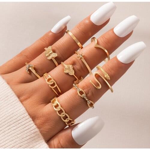 Tocona 10pcs/sets Snake Moon Joint Ring Sets for Women Charms Butterfly Roseflowers Geoemtric Open Jewelry Accessories Anillo