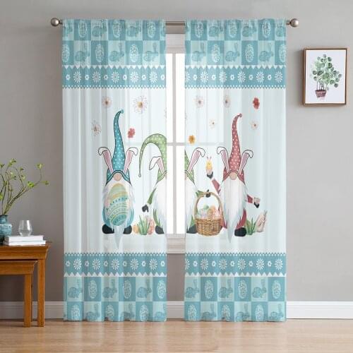 Easter Dwarf Egg Bunny Blue Sheer Curtains Window Tulle Curtains For Living Room Bedroom For Kitchen Veiling Curtains Decoration