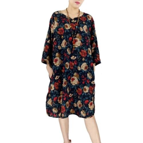 New Summer Cotton and Linen Flower Print Vintage Women Loose Casual Dress Soft Elegant Colorful O-Neck Pocket Female Party Dress