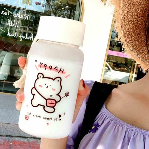 Cartoon Bear Glass Lovely Animal Print Clear Frosted Glass Bottle with Lid String High Temperature Sealing Leakproof Coffee Cup