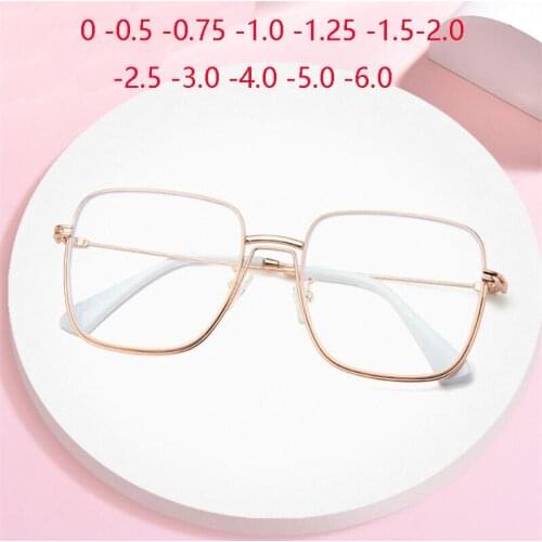 Rose Gold Women Men Square Nearsighted Glasses Anti Blue Light Alloy Prescription Eyeglasses Diopter 0 -0.5 -0.75 -1.0 To -6.0