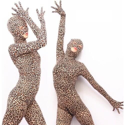 Leopard Zipper Open Crotch Bodysuit Separated Fingers Cosplay One Piece Tights Zentai Bodystocking Performance Jumpsuit Leotard