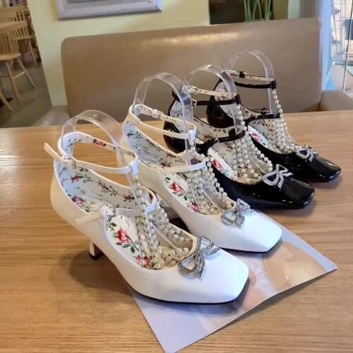 Crystal Bow Women High Heels Leather Pumps Fashion Pearl Ankle Strap Gladiator Sandals Square Toe Woman Mary Janes Lolita Shoes