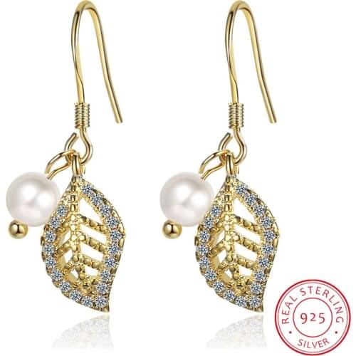 Real 925 Sterling Silver Natural Pearl Earrings Fine Jewelry Waterdrops from the Olive Leaves Drop Earrings for Women