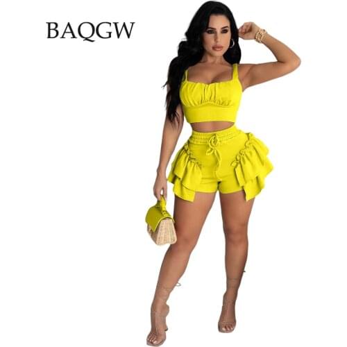 Vintage Ruffles Patchwork Party Beach Outfit Crop Tank Tops Drawstring High Waist Shorts Summer Women Streetwear Two Piece Set