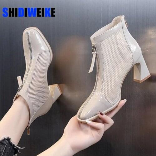 Womens Spring Summer Shoes Ladies Mesh Patent Leather Fashion Boots Female High Heels Round Toe Ankle Women Boots Shoes AC885