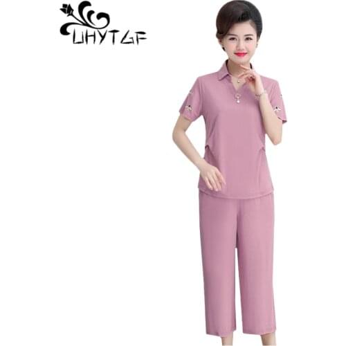 UHYTGF Womens tracksuit Casual summer two piece set cotton short-sleeved pullover T-shirt tops sets female thin clothes 5XL 1545