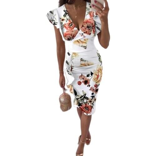 Summer 2021 V-Neck Slim Waist Ruffle Hip Midi Dress Female Fashion Splice Irregular Printing Dress Women New Large Size Dress