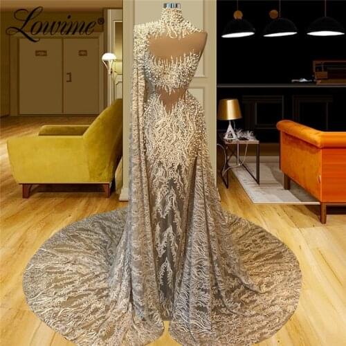 Lowime Middle East Women Dubai Long Single Sleeve High Neck Evening Dresses 2021 Plus Size Beaded Muslim Party Dress Robe Soirée