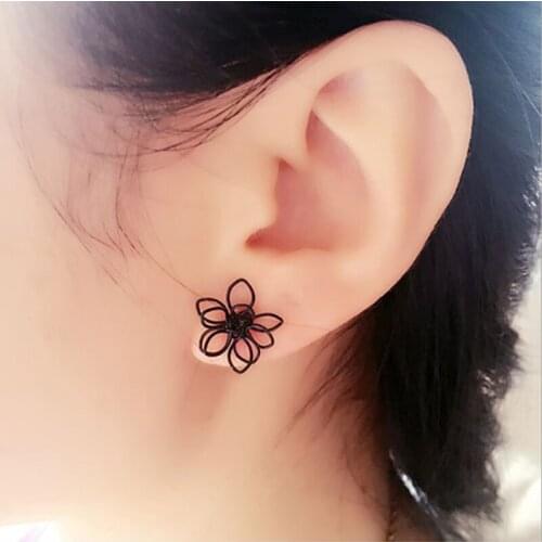 1Pair Elegant Charming Small Gold Ball Black Plum Flower Double Sides Stud Earring Prom Wedding Pressent