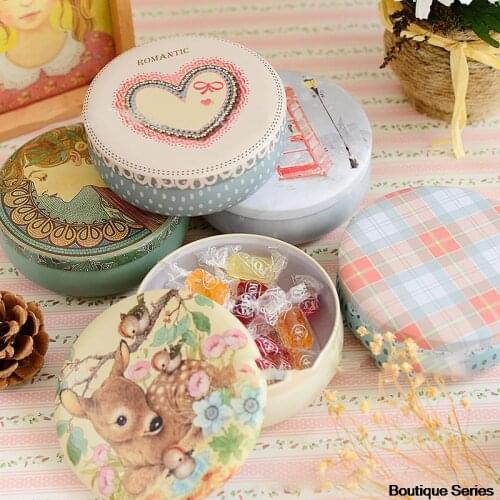 1pcs Creative wedding candy box flat round baking small fresh biscuits candy chocolate packaging storage iron box round can