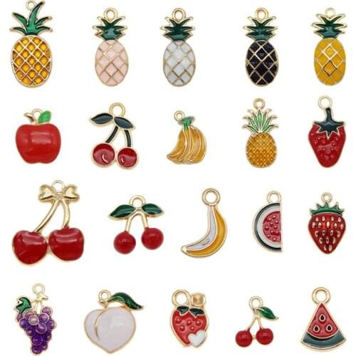 20pcs Fruits Enamel Alloy Charms Pineapple peach watermelon Banana grape Cherry Pendant Mixed Gold Tone for Bracelet Earring DIY