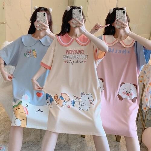 2021 Summer Short Sleeve 100% Cotton Loose Nightgowns for Women Korean fashion Sleepwear Night Gown Nightdress Home Dress Nighty