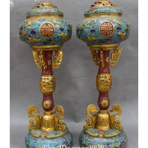 44CM Cloisonne Bronze 24K Gold Gilt Dragon Beast Bat Incense Burner Censer Pair