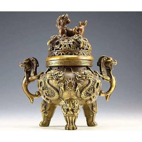 Antique China Rare Copper Dragon Tiger Incense Burner