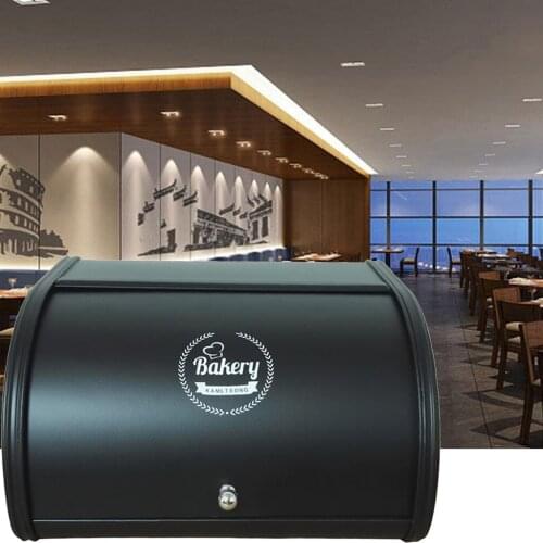Black Metal Bread Box Kitchen Bread Bin Container Roll Top Lid Durable